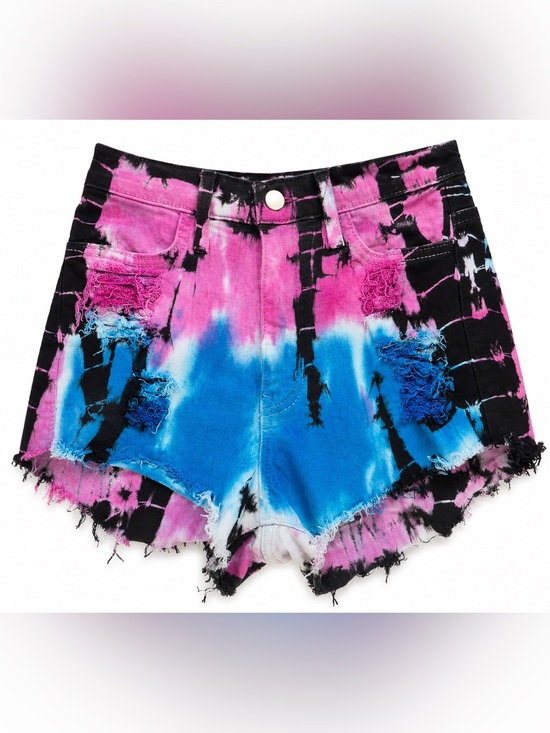 Vibrant M.I.U Pants - Tie-Dye High-Waist Denim Shorts - Blue & Pink